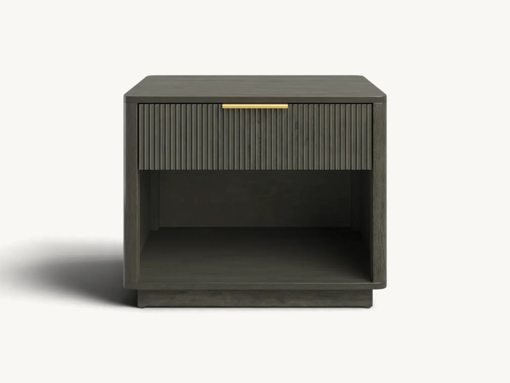 Natural teak wood nightstand featuring a woven rattan drawer front, an open cubby space, and elegant tapered legs.