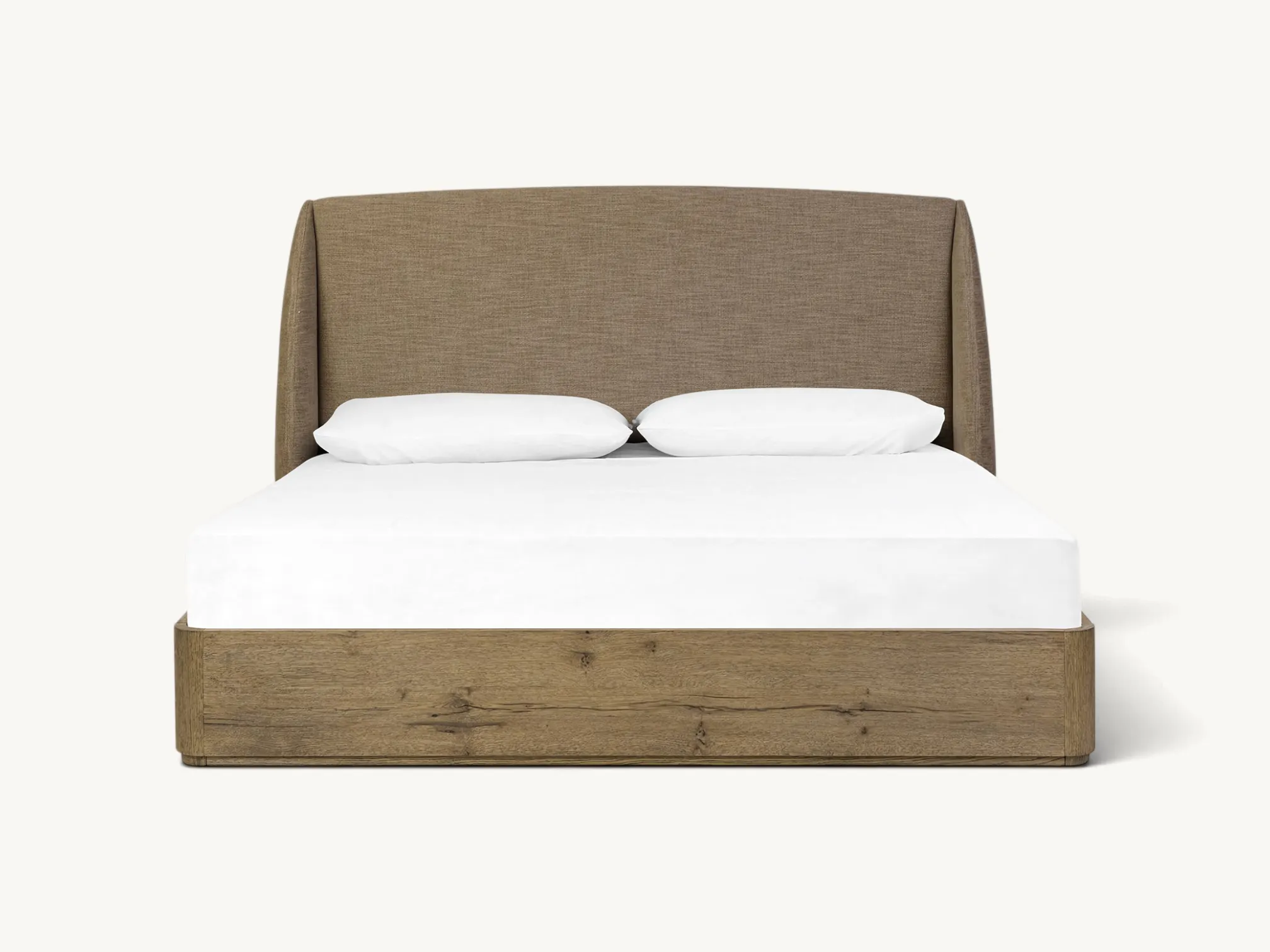 A low-profile platform bed featuring a natural oak wood frame with rounded corners, a sturdy wooden slat support system, and an integrated high wingback headboard upholstered in textured brown fabric.