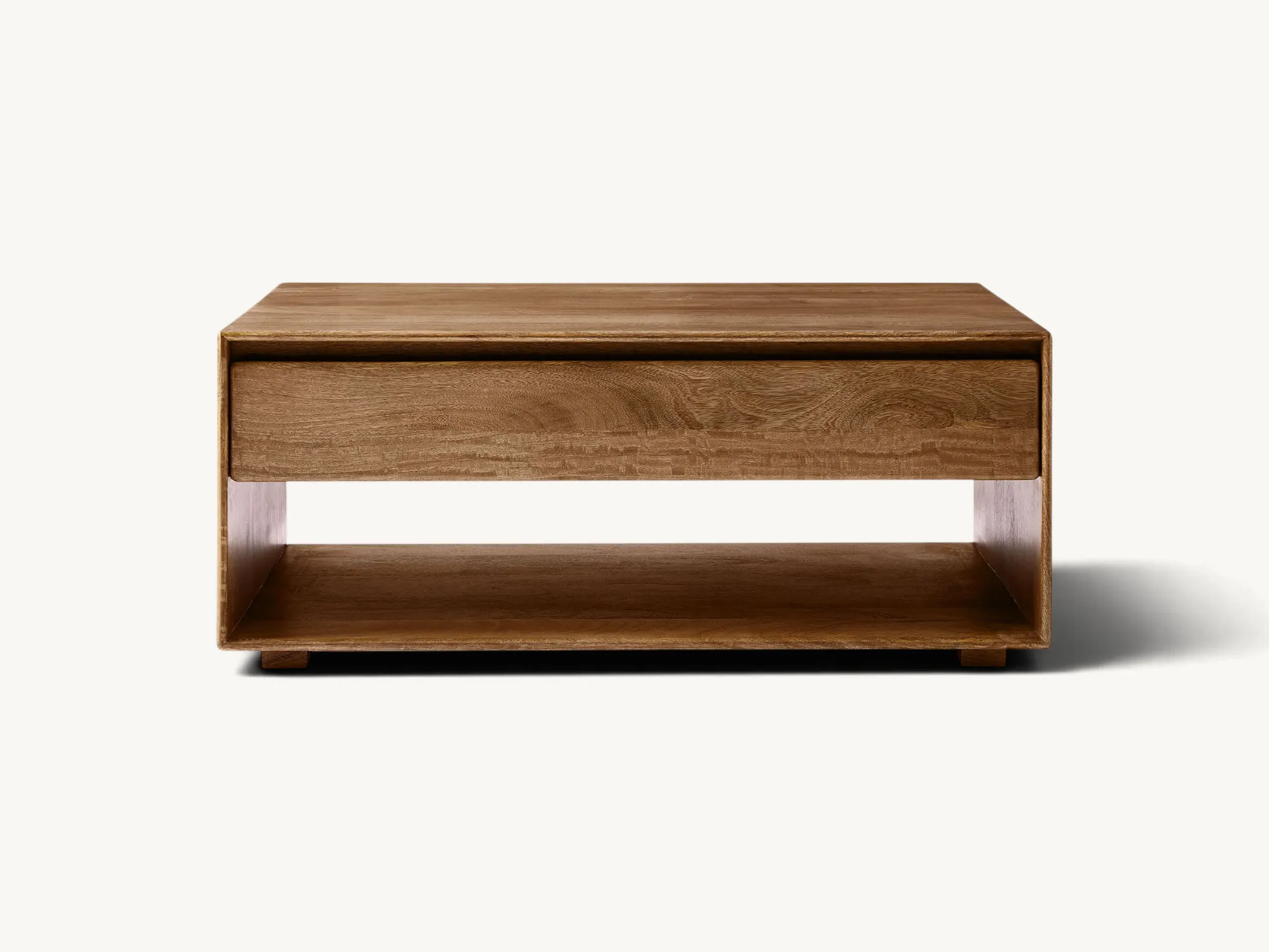 Minimalist solid teak wood coffee table with storage drawer and open shelf.