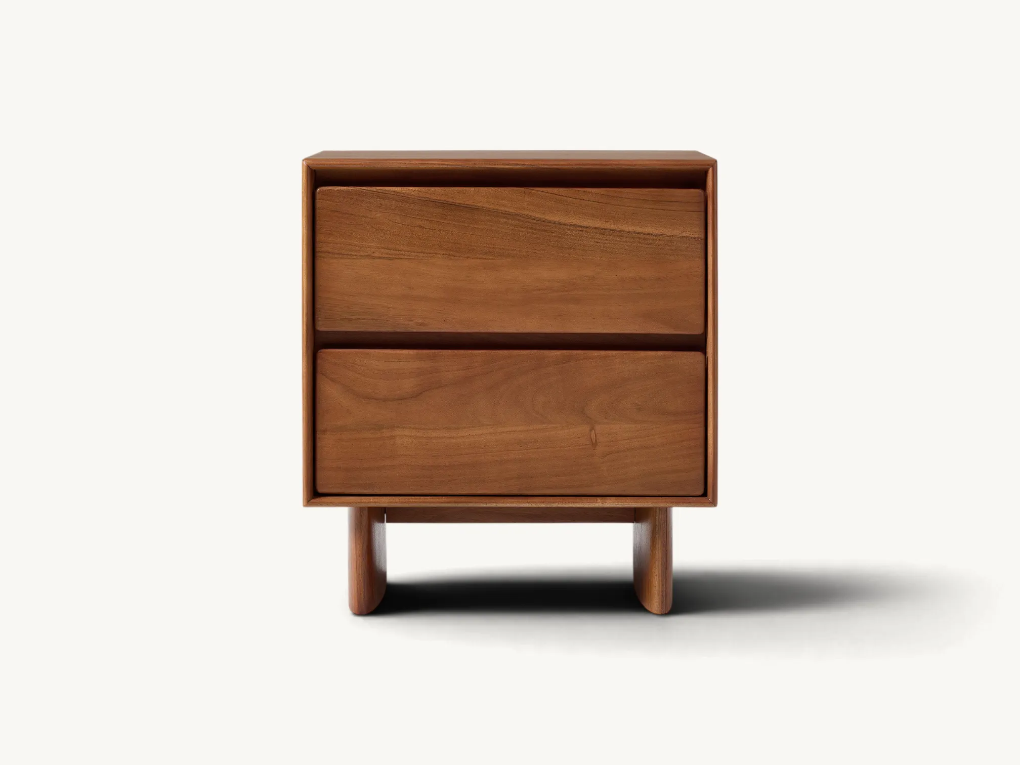 Solid teak wood nightstand with dual drawers and architectural plinth base featuring natural wood grain.