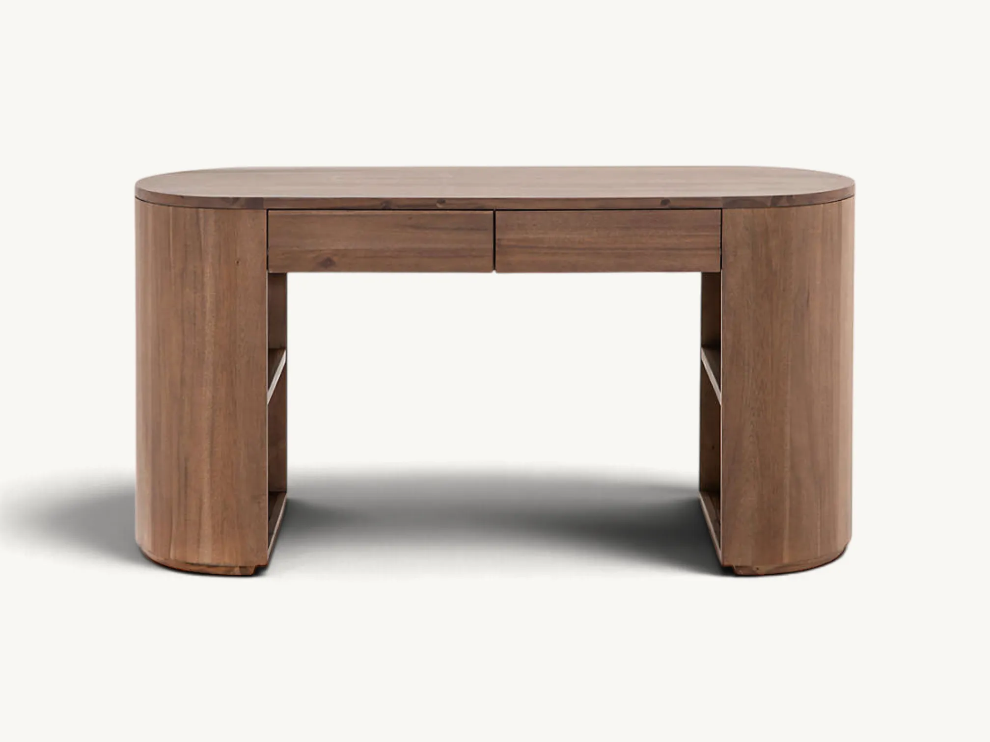 Natural dark wood writing desk with an oval tabletop, smooth rounded pedestal legs, two handleless front drawers, and open side storage shelves