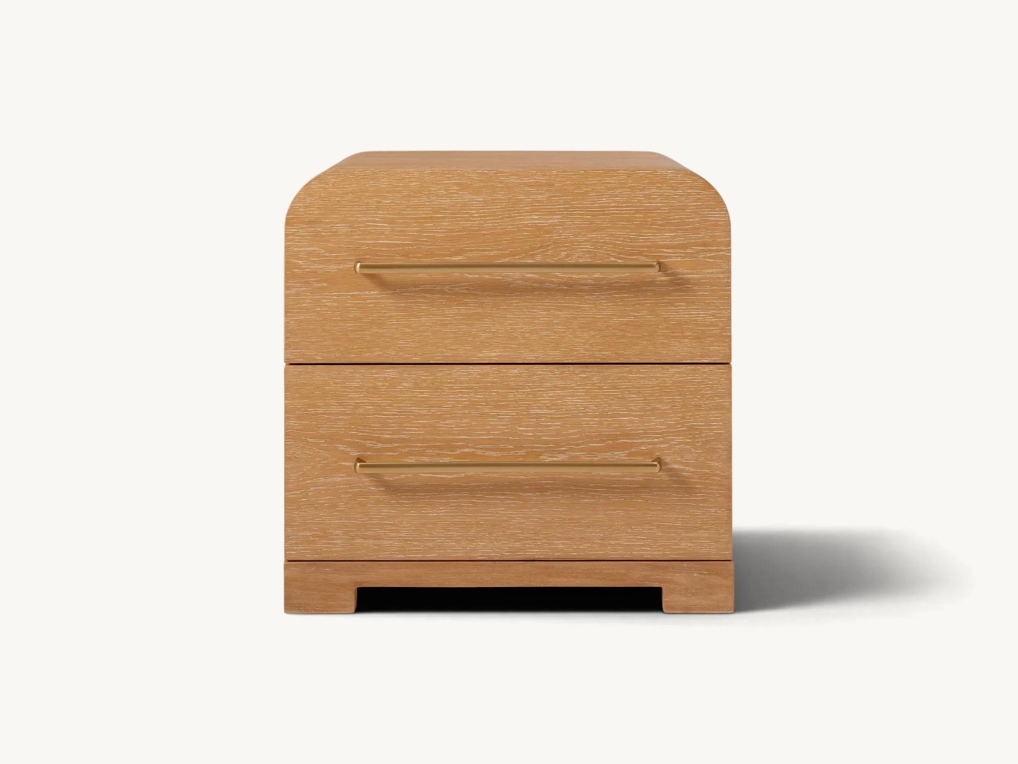 Mid-century teak wood nightstand with two drawers, curved top edges, and slim gold metal handles.