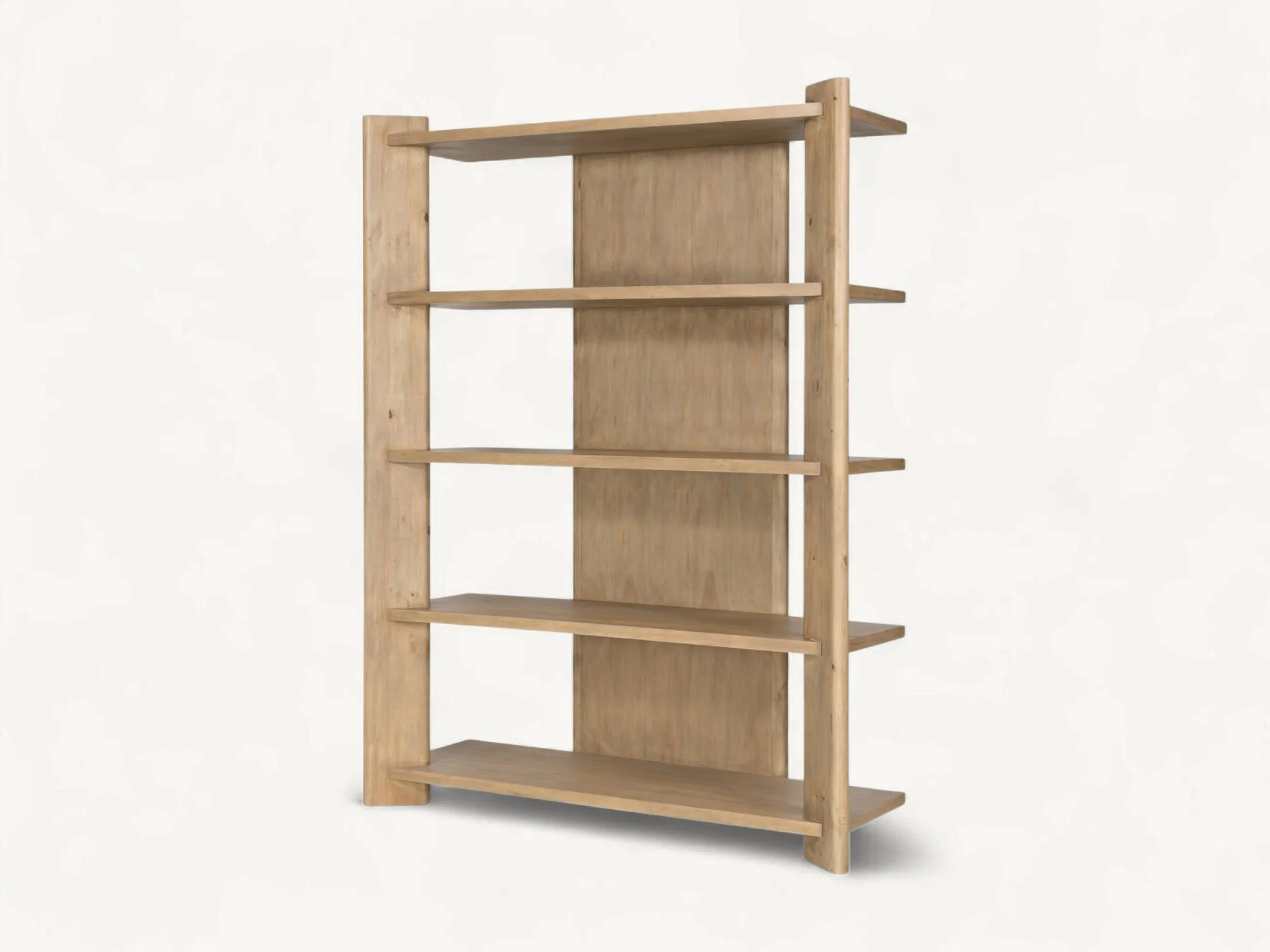 Minimalist solid teak wood open bookcase with five tiers and natural raw finish.