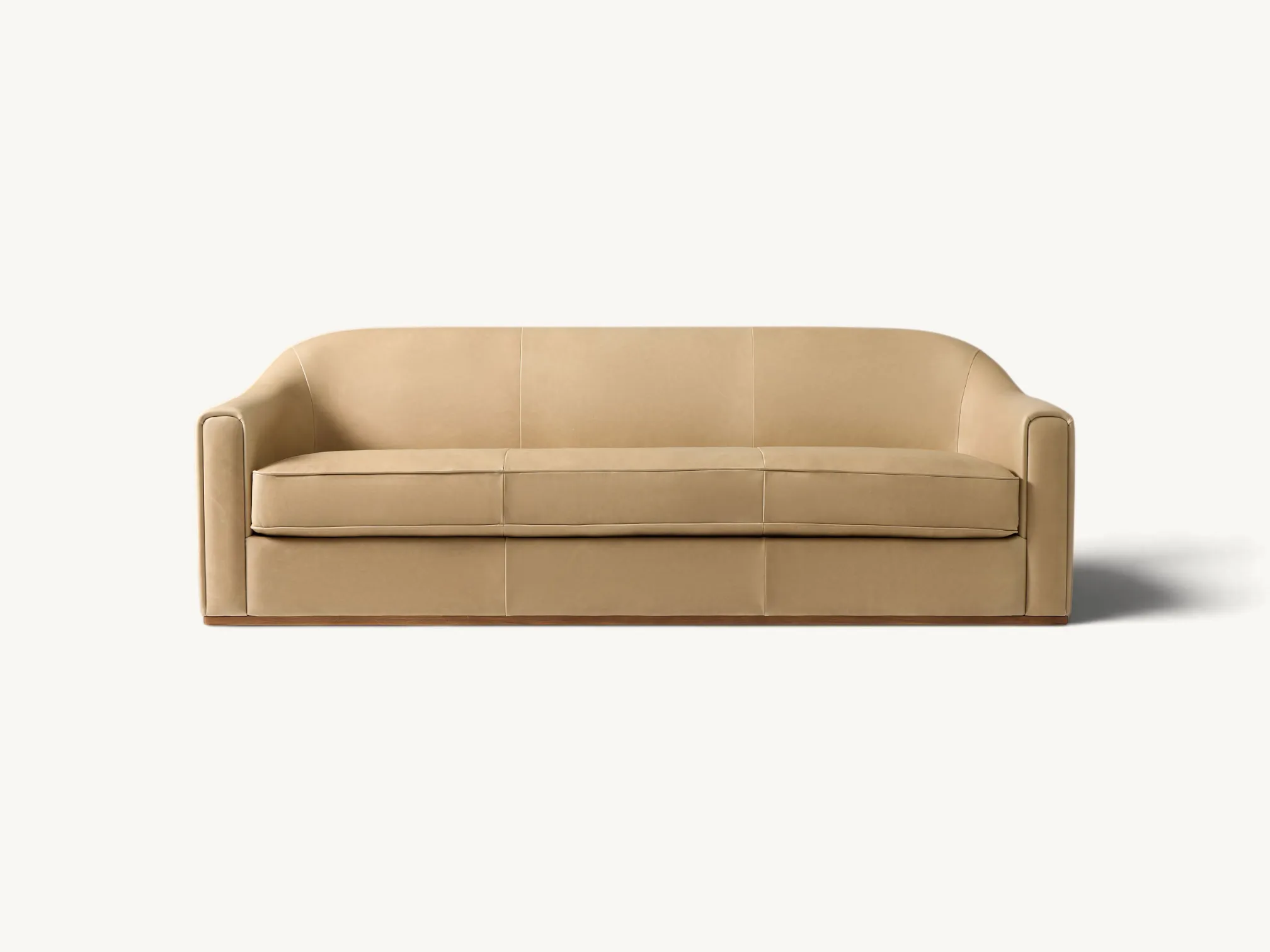 Modern 3-seater sofa in tan leather with sloping silhouette and solid teak wood base, contemporary upholstered leather sofa for luxury living room interior.
