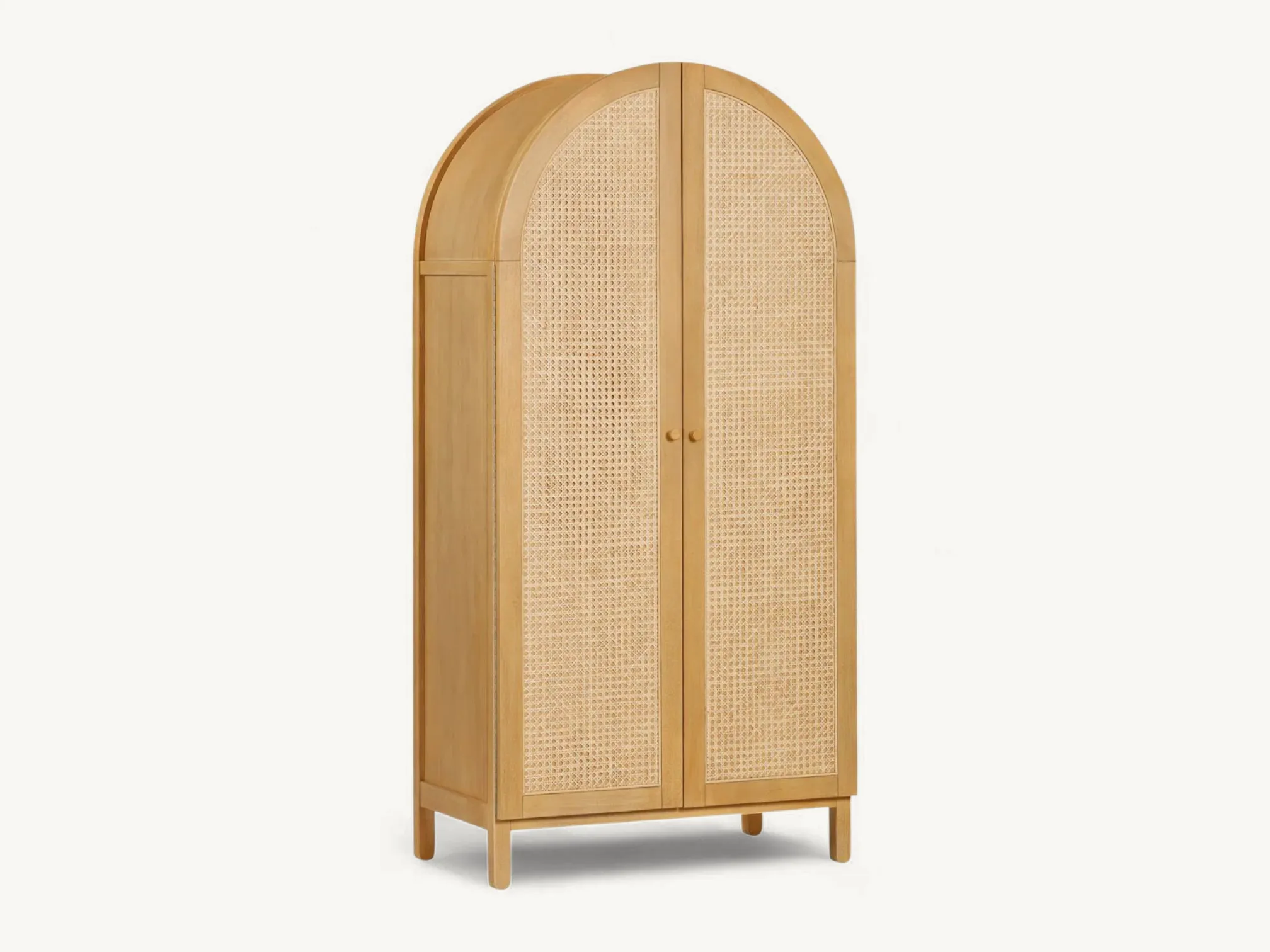 Arched teak wood armoire with natural cane webbing doors and minimalist silhouette.