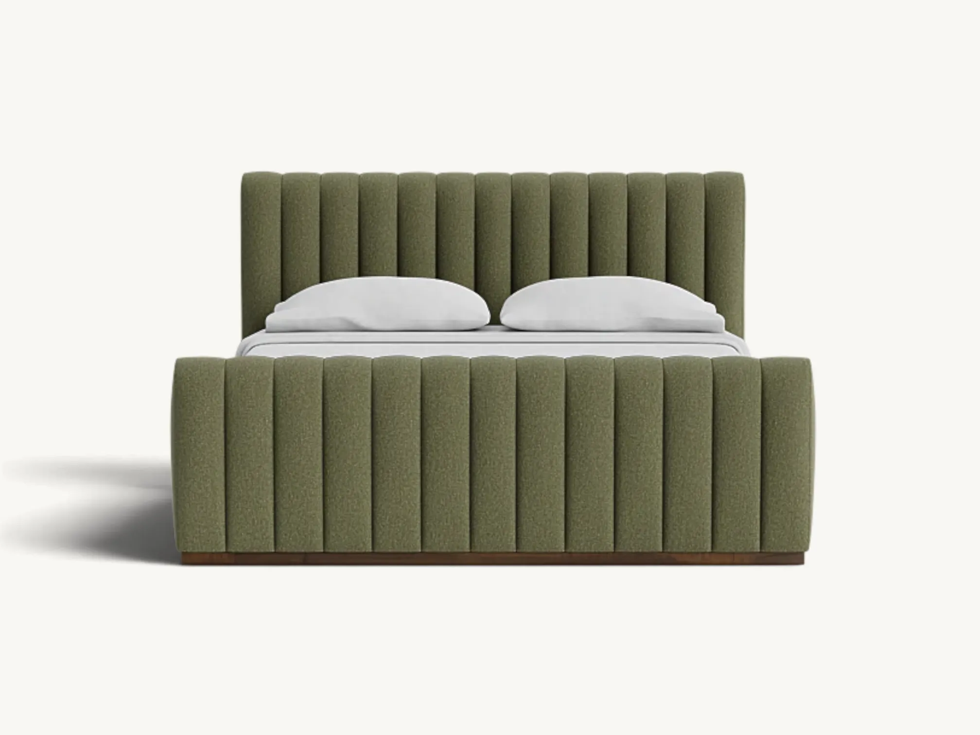 Natural weave linen upholstered two-seater sofa with exposed solid teak wood frame in a light, minimalist living room with large window.
