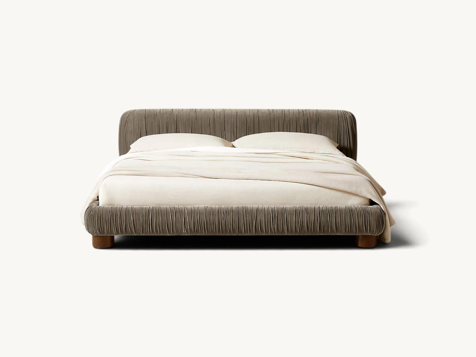 Natural teak wood platform bed featuring a clean rectangular headboard inlaid with woven rattan webbing panels, smooth rounded frame corners, and an integrated wood slat support system.