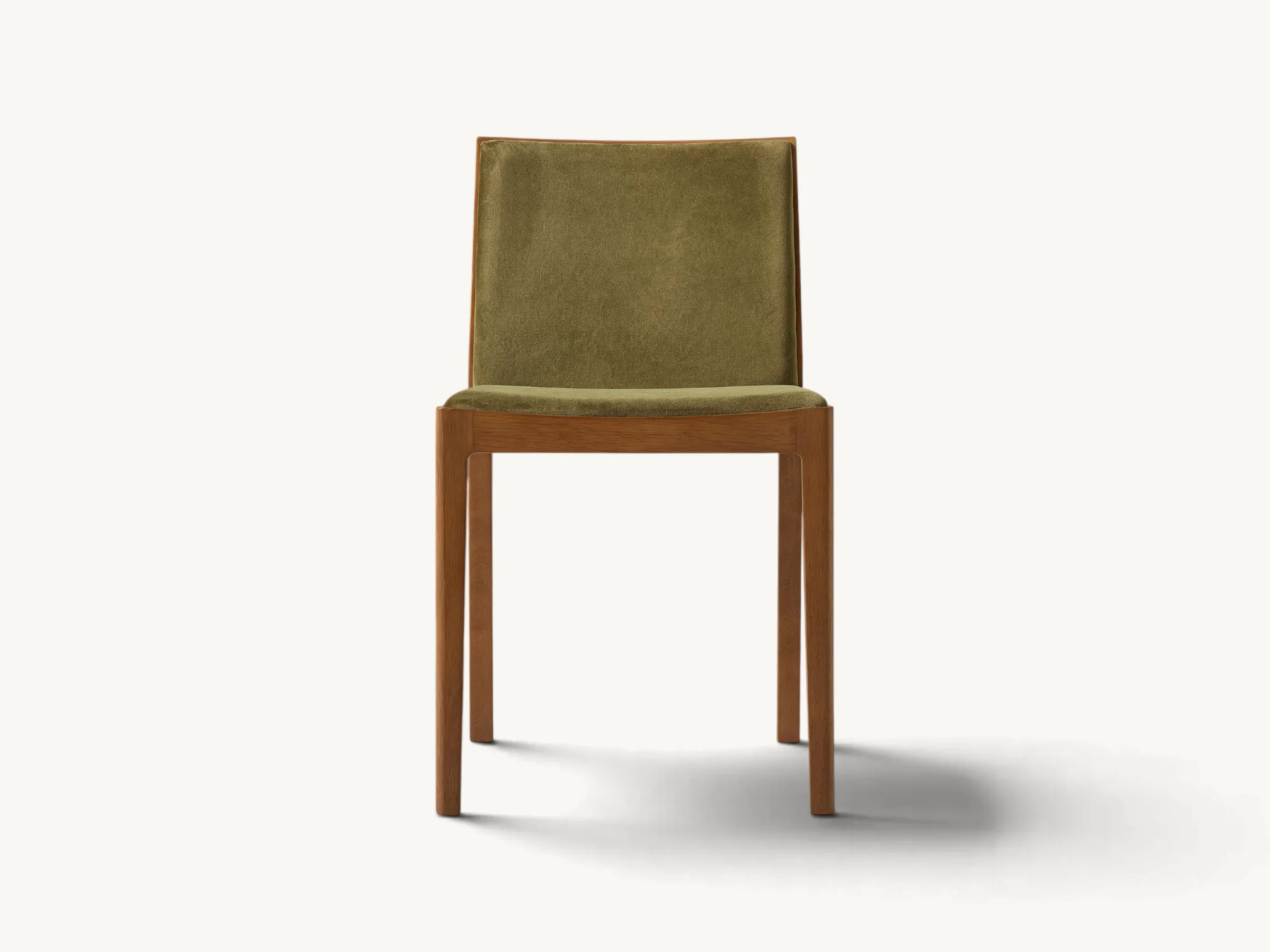 Minimalist solid teak wood dining chair with olive green velvet upholstery and clean square frame.