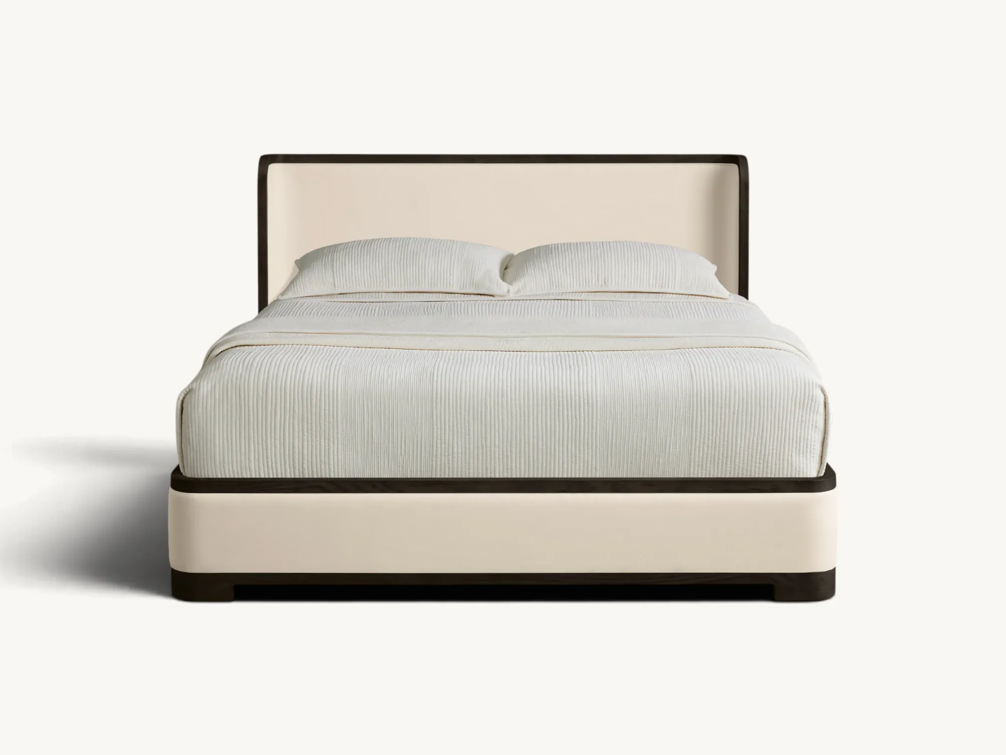 Modern teak wood bed frame with cream upholstery, dark wood trim, curved headboard, and contemporary minimalist design.