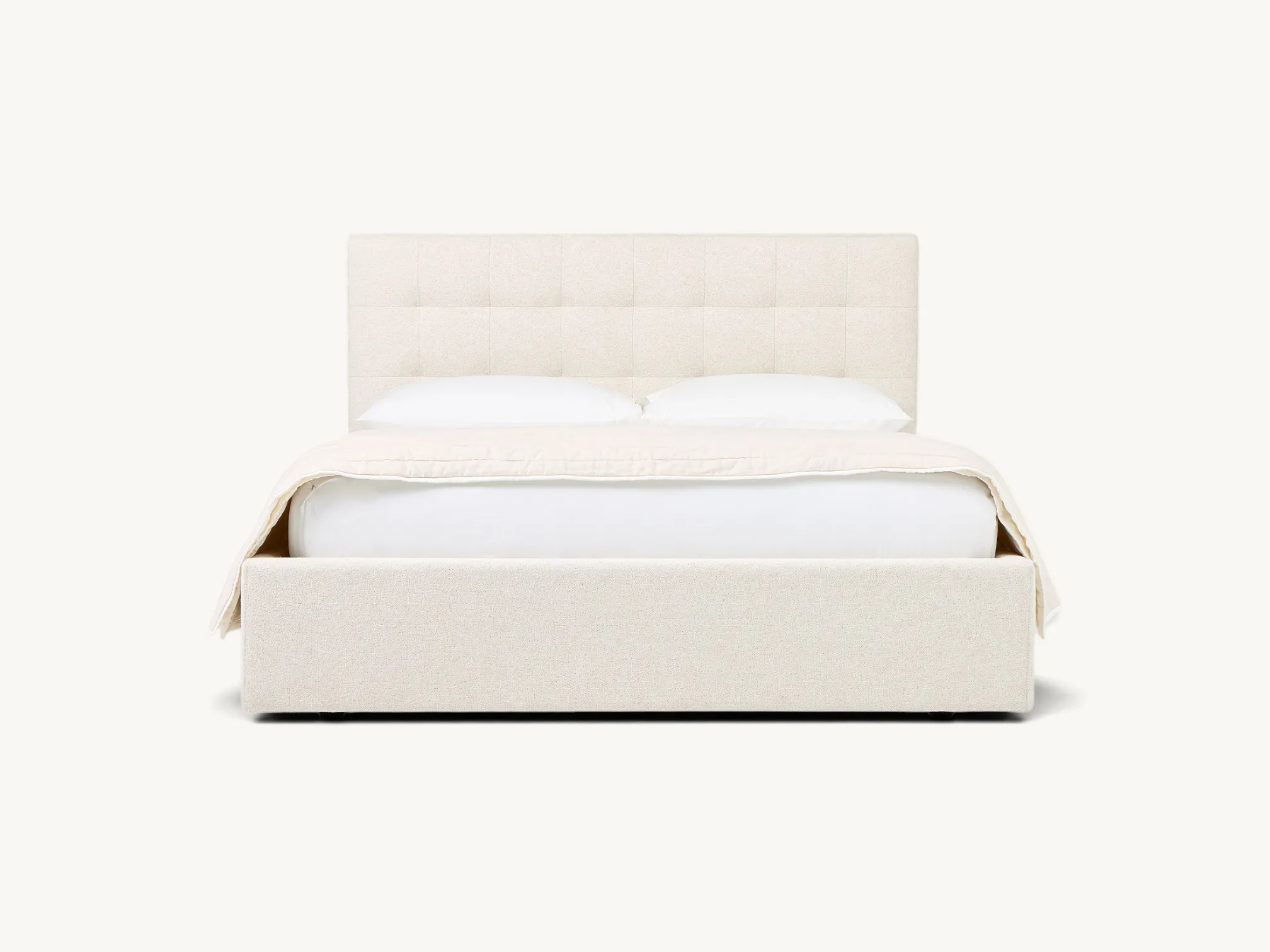 Modern cream upholstered storage bed frame with tufted headboard and built-in drawers.