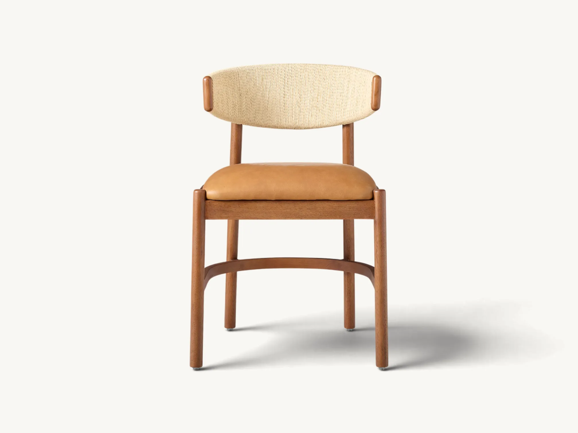 Scandinavian teak dining chair with woven cord backrest and tan leather seat.