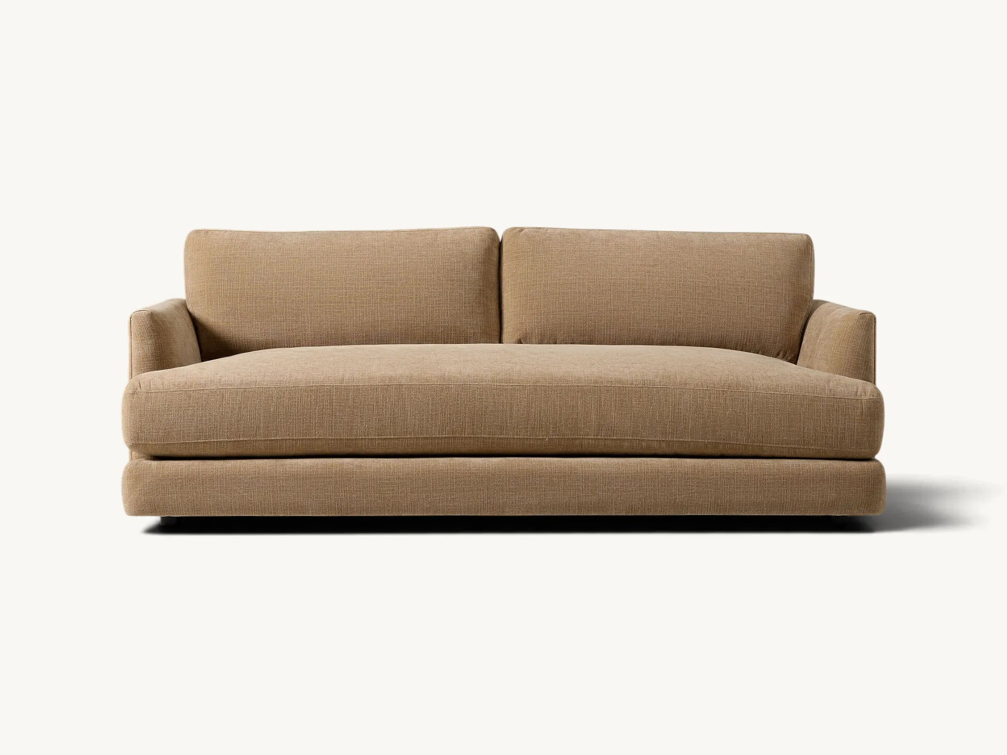 Modern minimalist structured sofa in tan textured fabric with clean linear design.