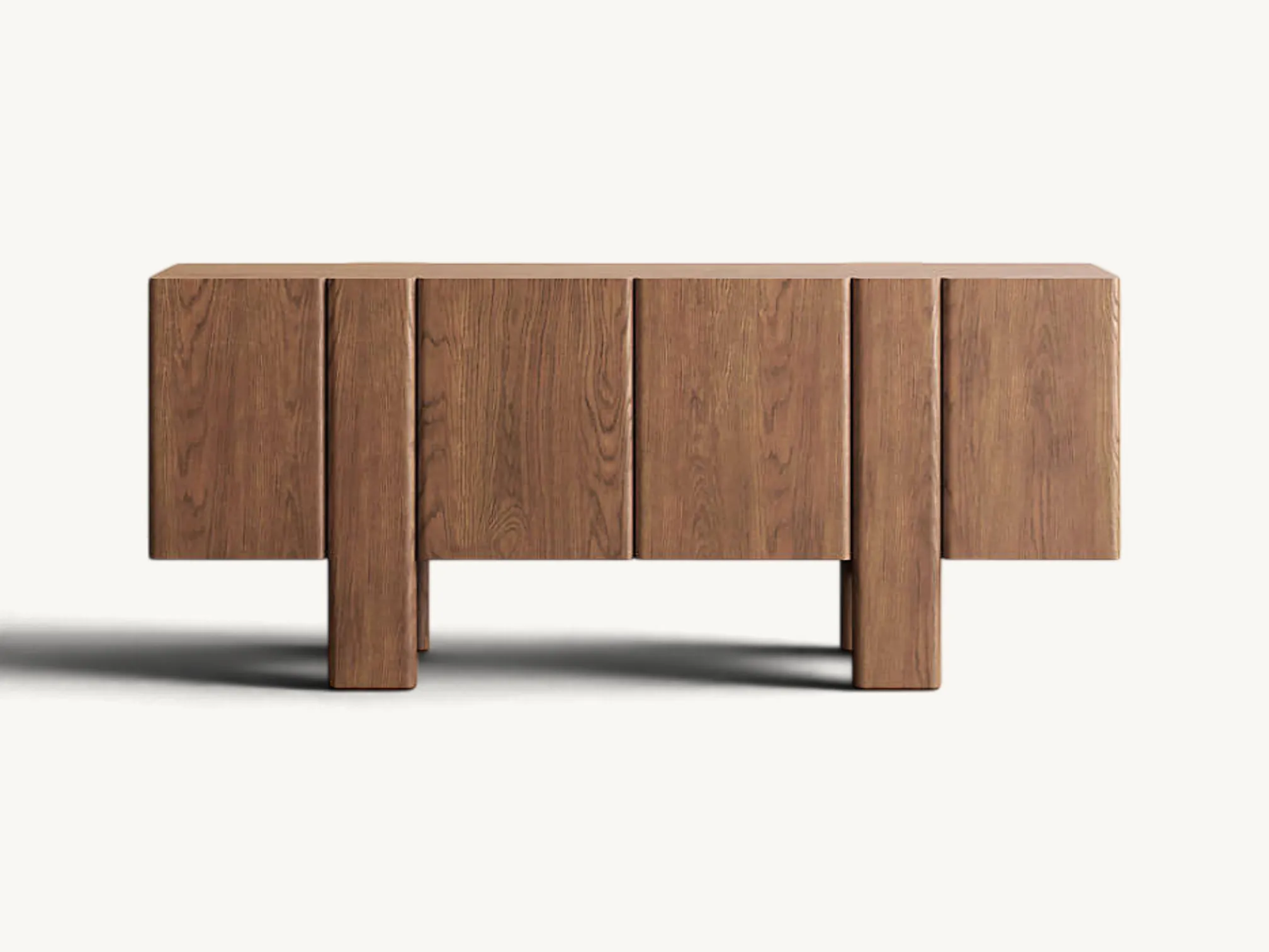 Natural wood sideboard credenza with thick vertical legs, multi-door storage cabinets, and clean architectural lines