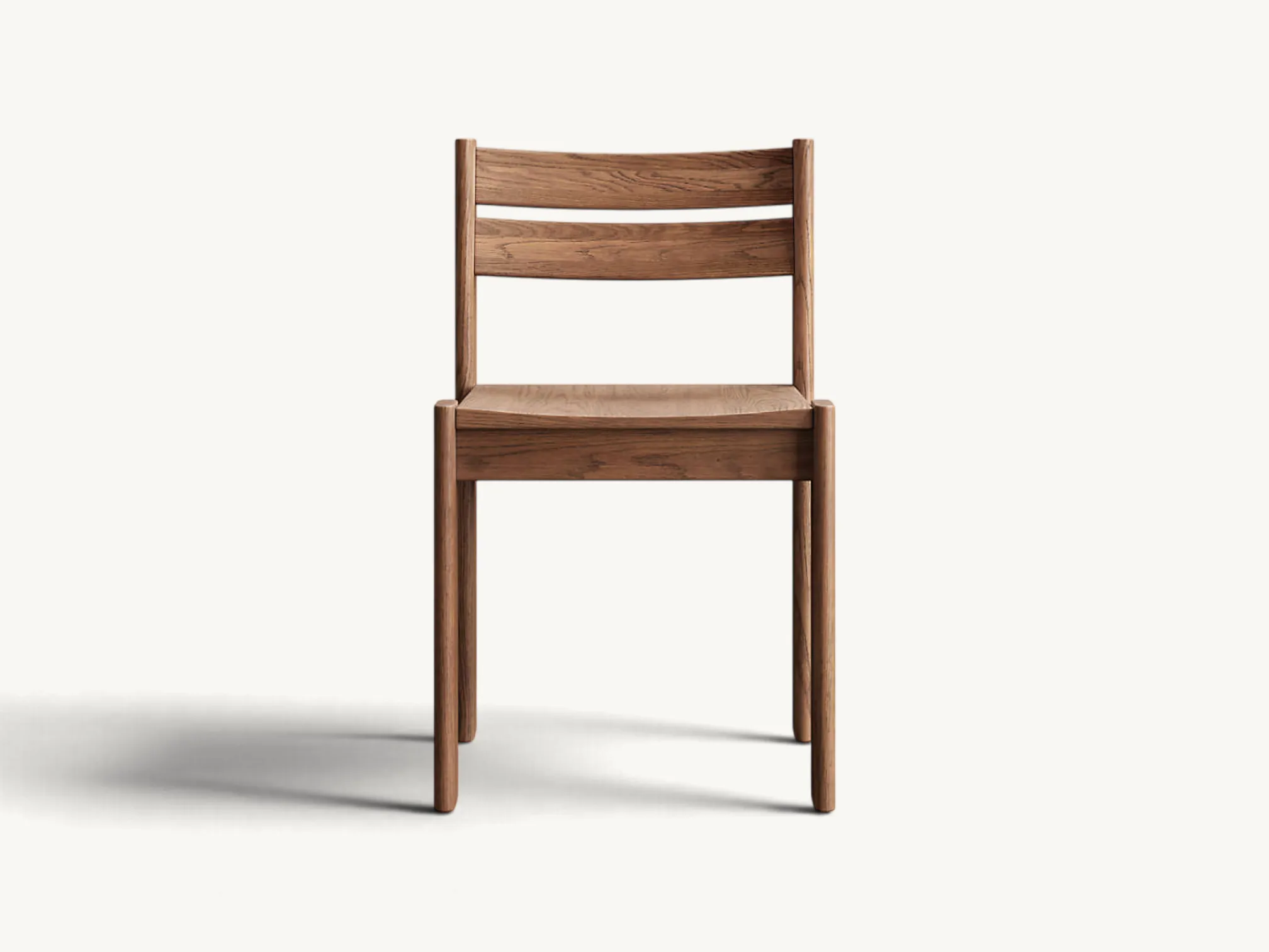 Solid wooden dining chair with a curved double-slat backrest, sturdy legs, and rich natural wood grain finish