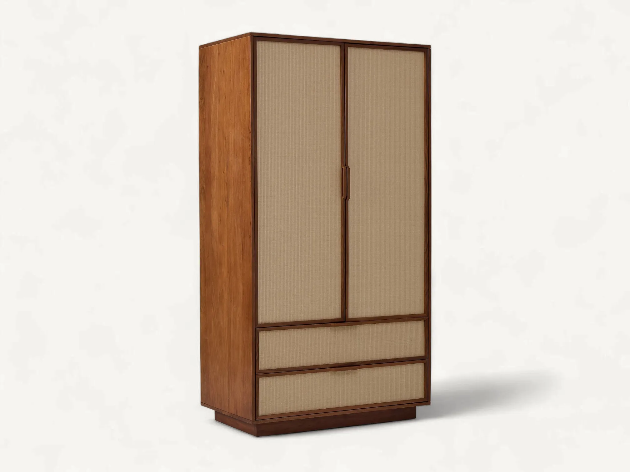 Japandi style solid teak wardrobe featuring woven tatami-inspired door panels and two bottom drawers.