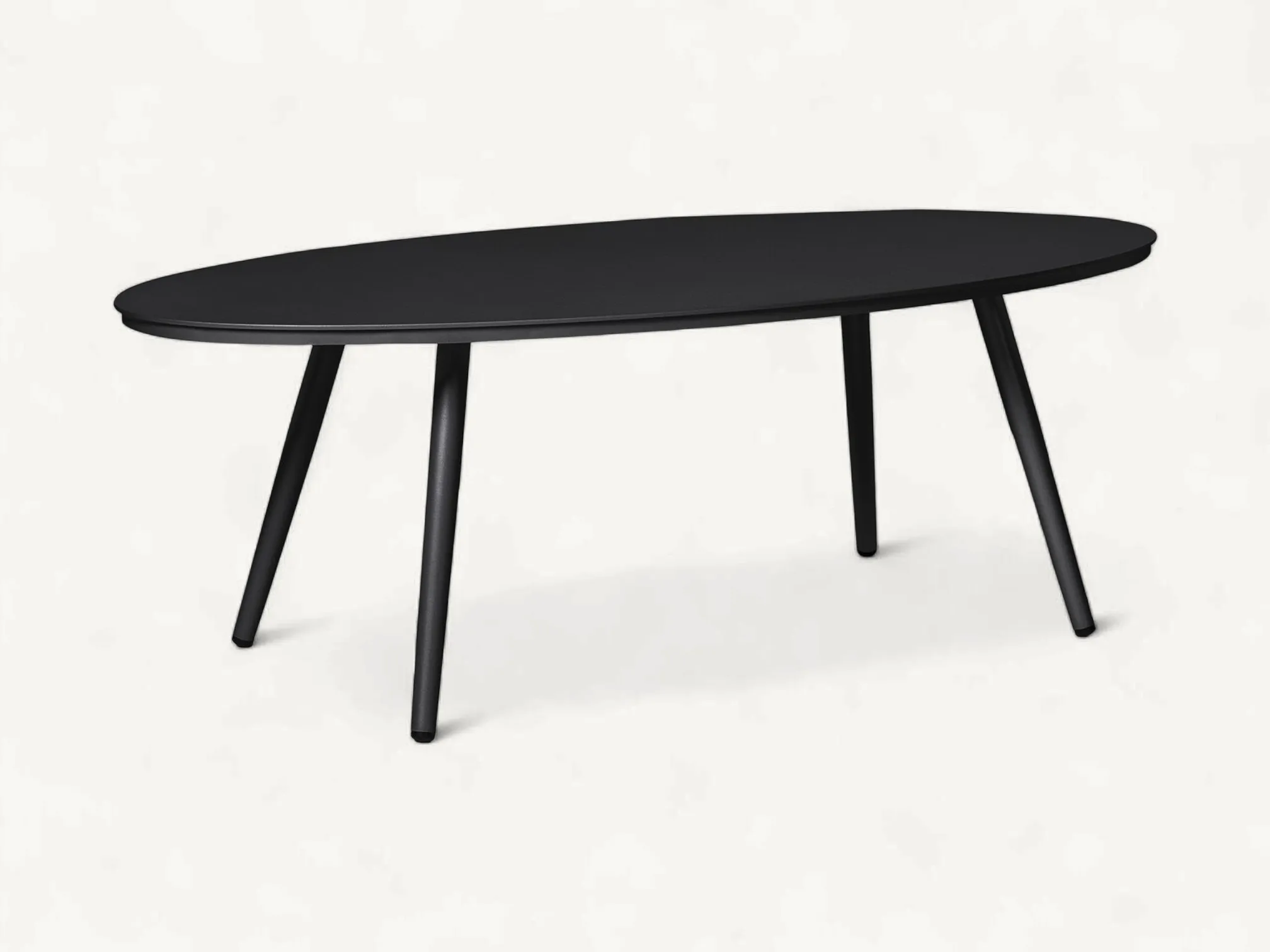 Scandinavian oval outdoor coffee table made of matte black stainless steel with tapered legs.