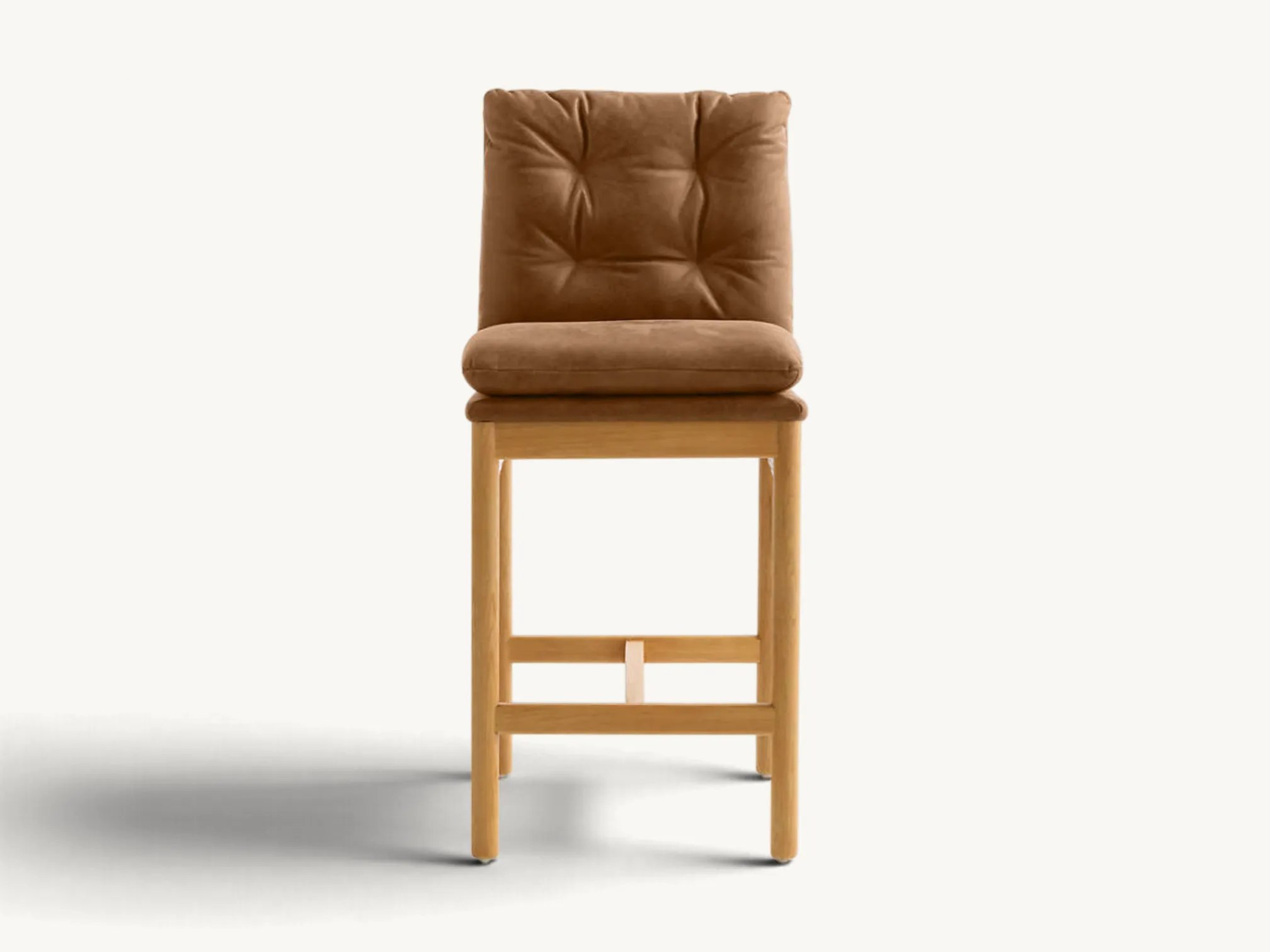 Light oak wood counter stool with padded brown suede tufted seat and back cushions