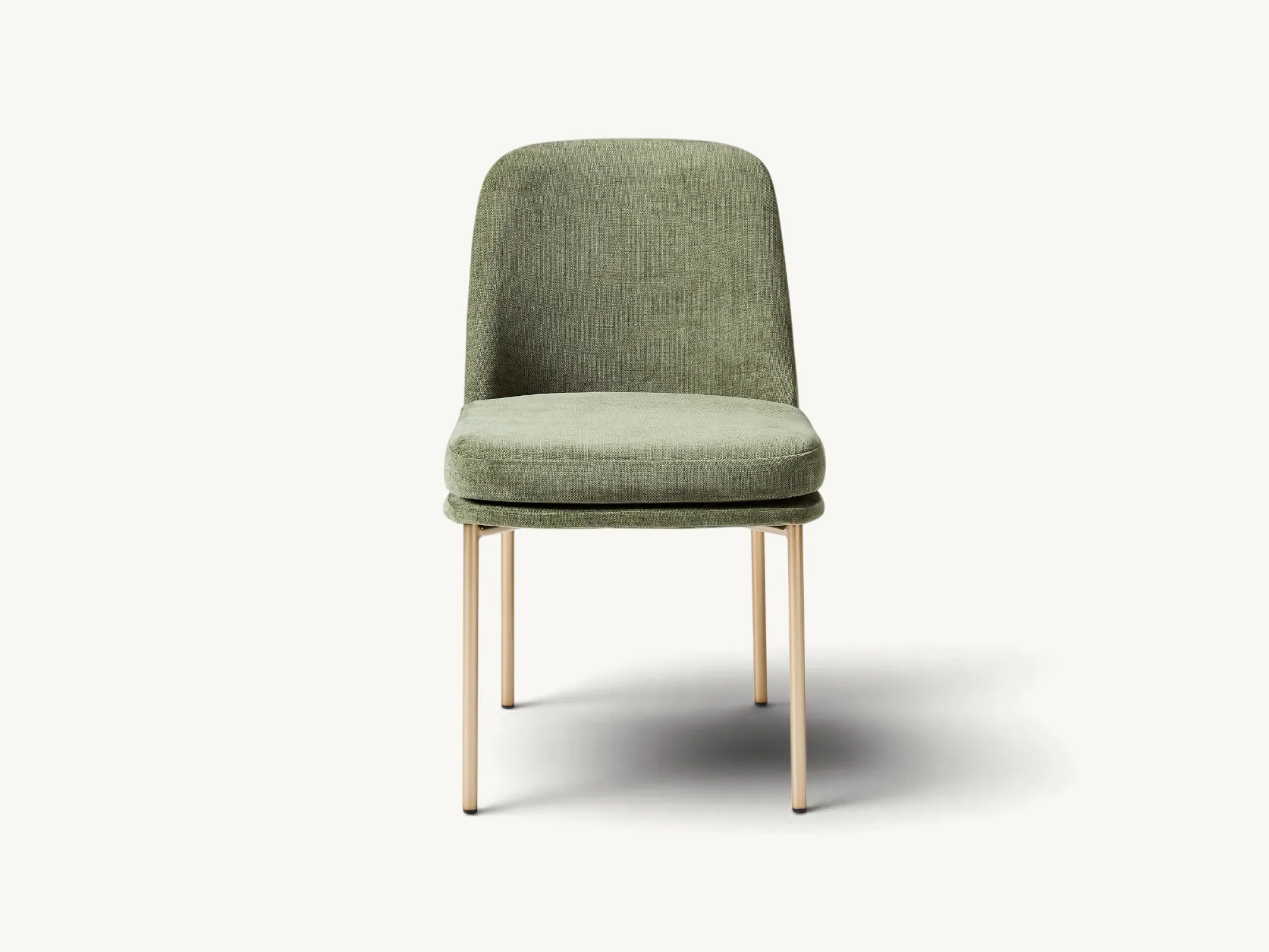 Modern teak dining chair with olive green upholstery and champagne gold metal-finish legs.