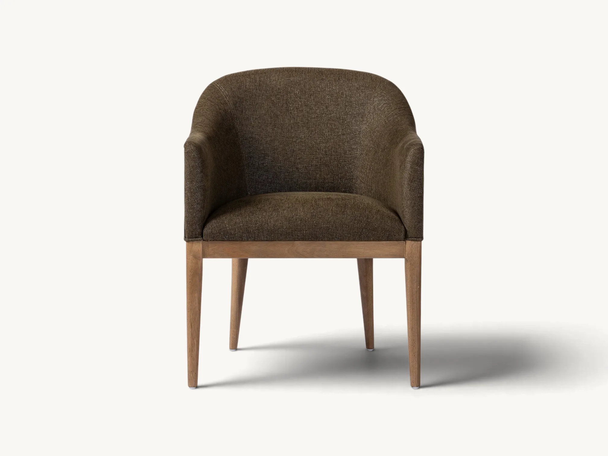 Mid-Century teak dining chair with curved backrest and dark brown upholstery.
