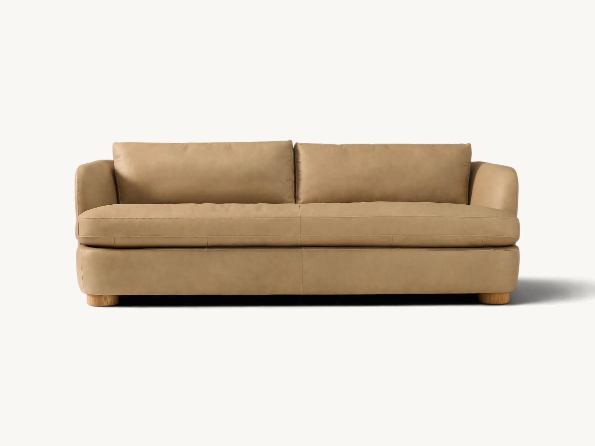 Contemporary two seater sofa in dusty blue velvet with rounded teak wood legs, modern upholstered loveseat with curved backrest for stylish living room.