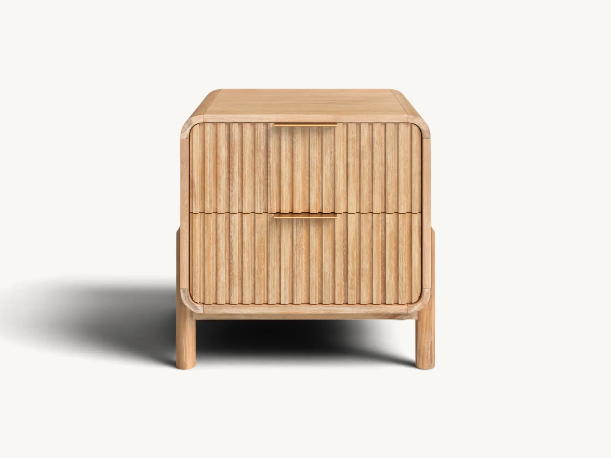 Solid teak wood bedside table with two drawers featuring elegant oval finger pulls and classic tapered legs.