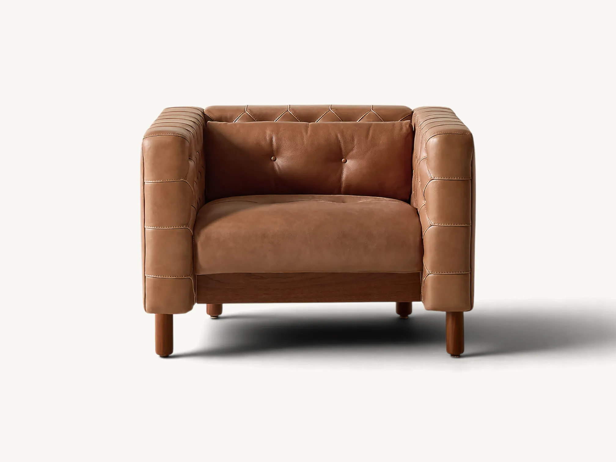 Mid-century style armchair with olive green velvet tufted upholstery and natural teak wood legs on a plain white background.