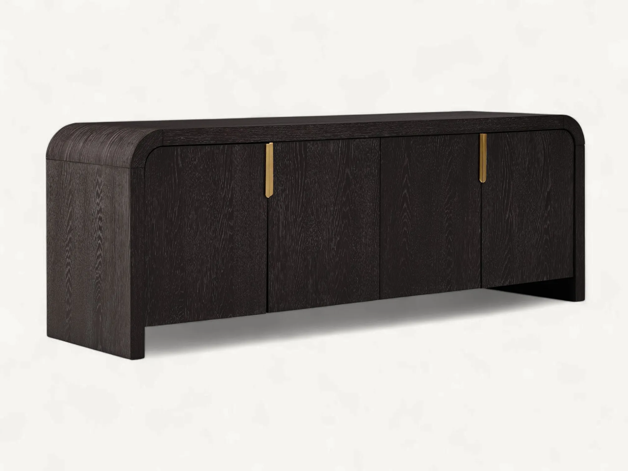 Modern dark wood media console with rounded edges, four doors, gold metal hardware, and minimalist teak grain texture.
