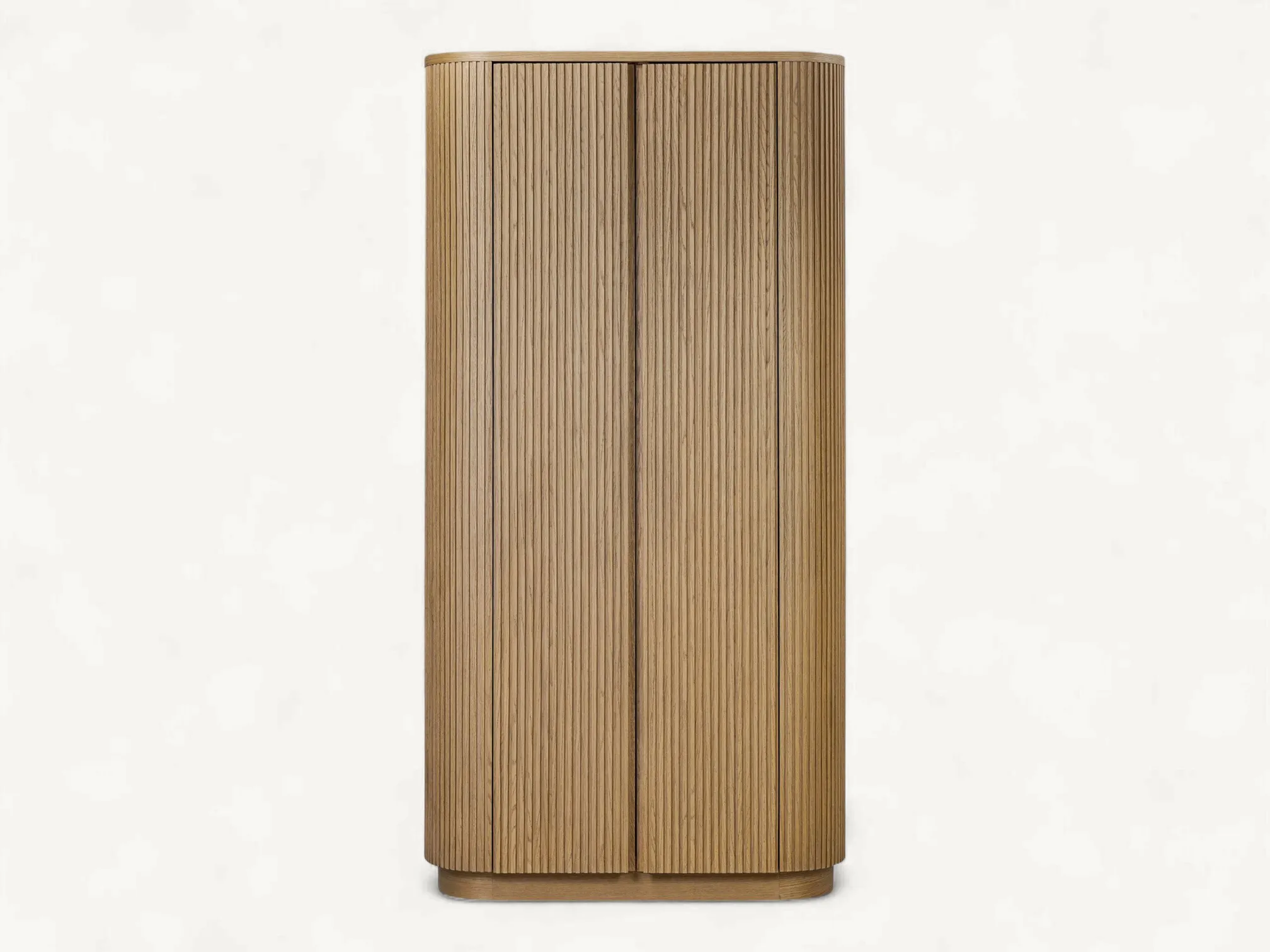 Tall teak wood armoire featuring a curved tambour-style facade with vertical slats and integrated shelving.