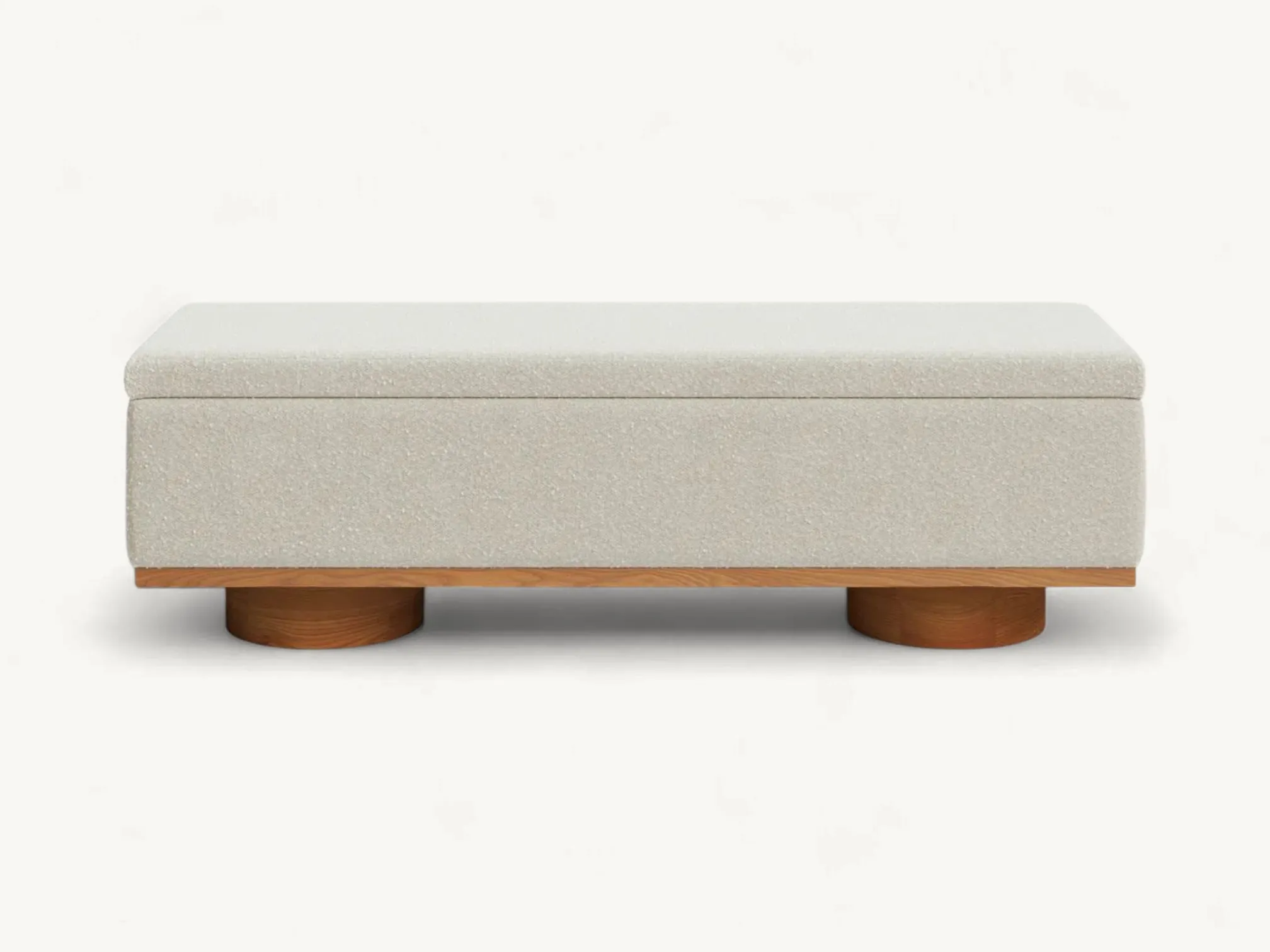 Rectangular grey upholstered storage bench with a hinged lift-top seat and a visible solid teak wood base.