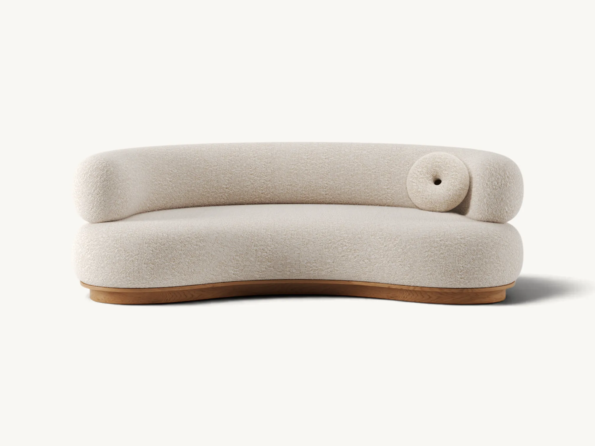 Curved leather daybed with vertical channel tufting and teak wood frame base.