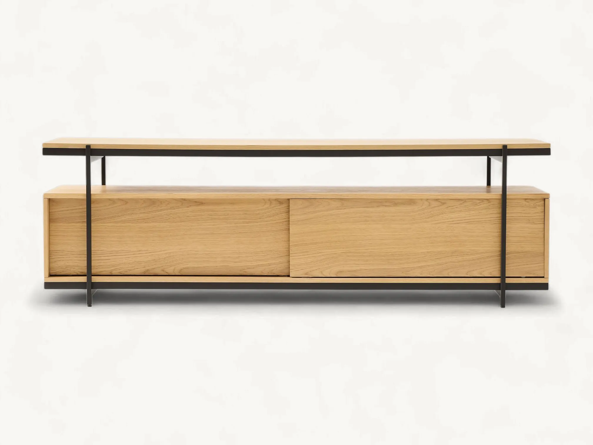 Industrial-style teak wood media unit featuring an open top shelf, black metal structural framing, and sliding wooden cabinet doors.