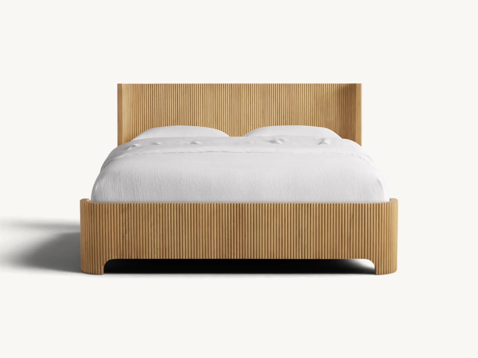 Japandi teak wood bed frame with vertical fluted texture, curved corners, natural finish, and minimalist low-profile design.