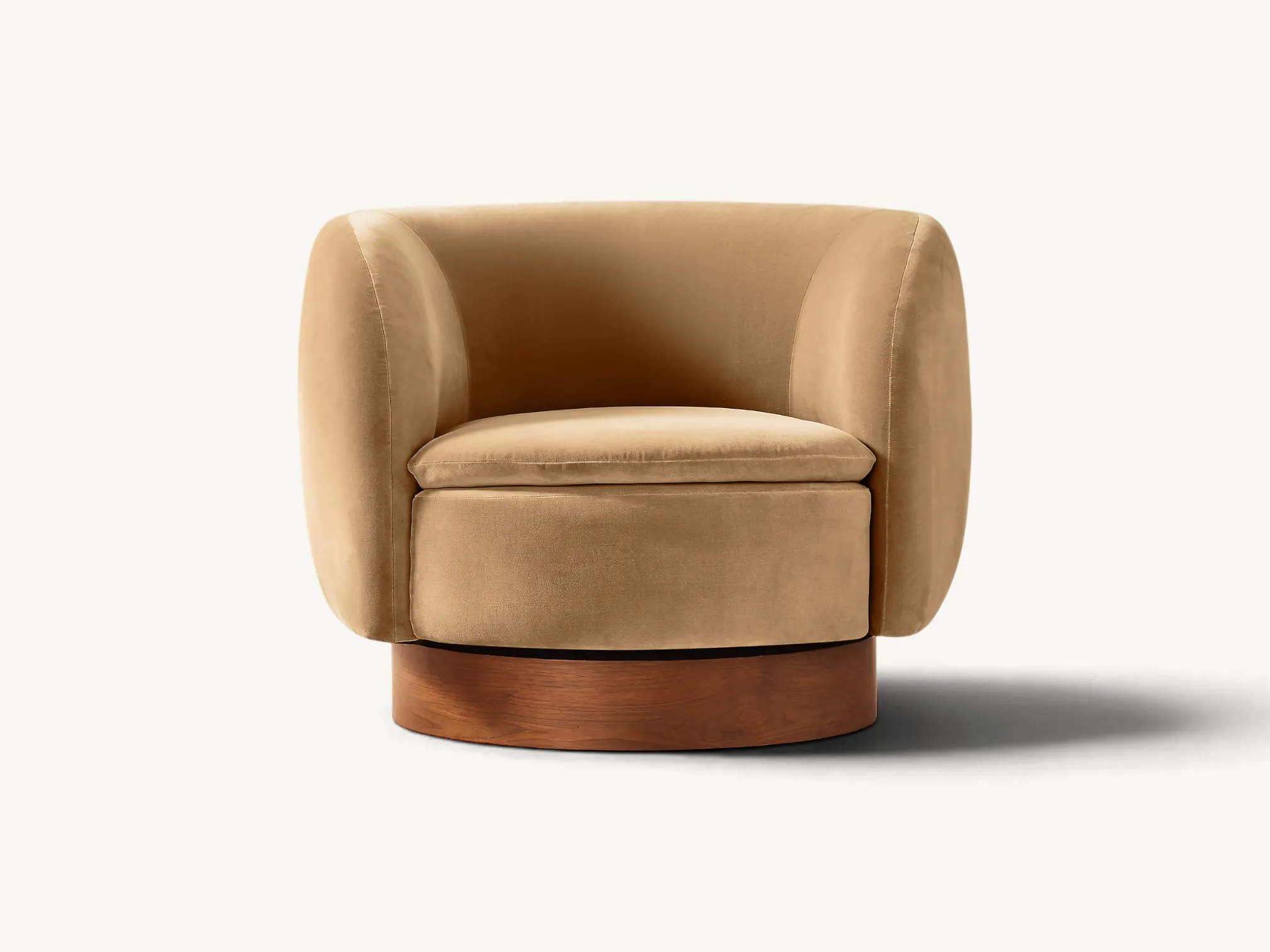 Curved velvet swivel armchair with a round solid teak wood base in a minimalist mid-century style.