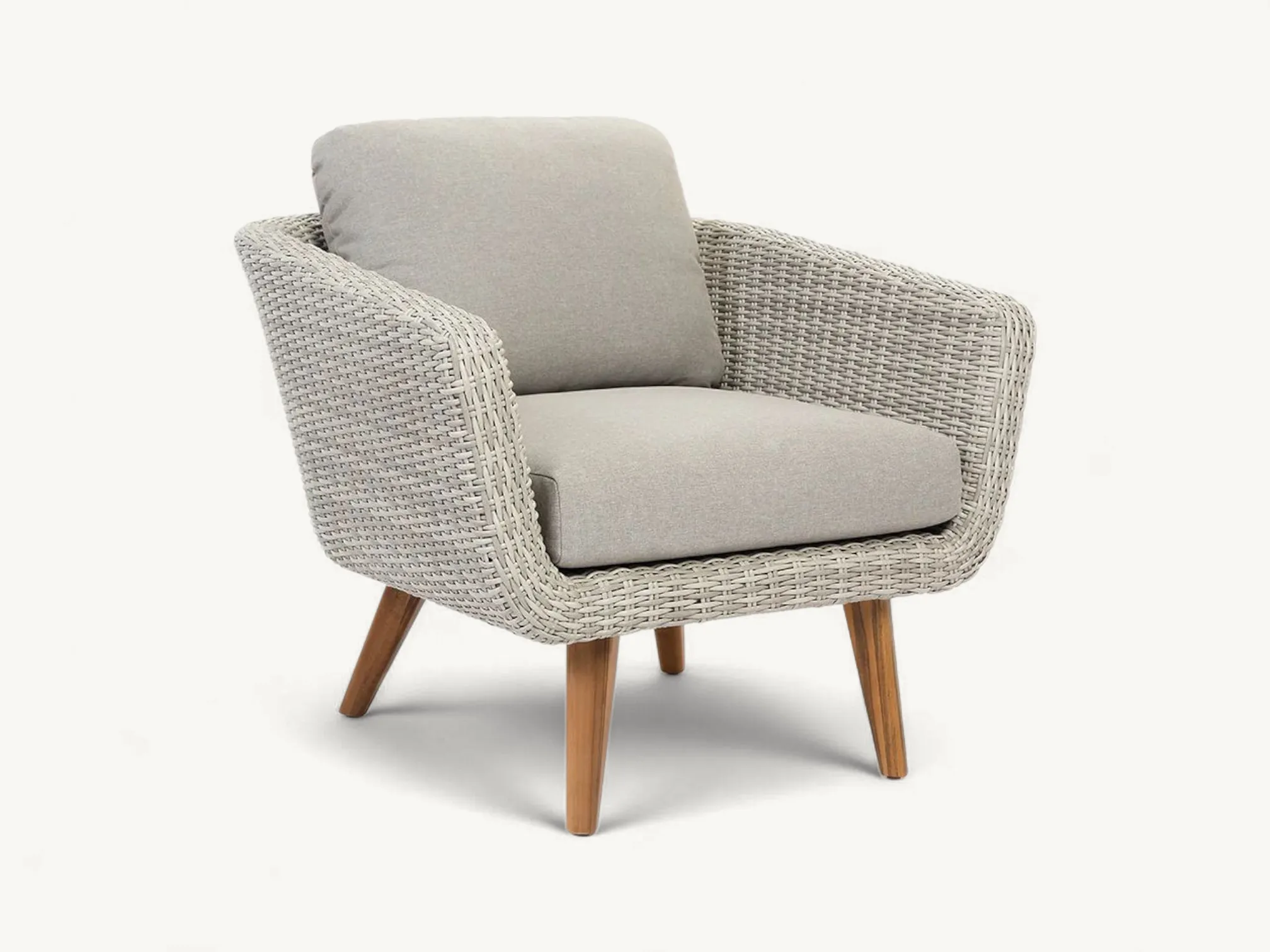 Scandinavian outdoor single sofa with grey synthetic wicker weave, solid teak wood tapered legs, and light grey cushions.