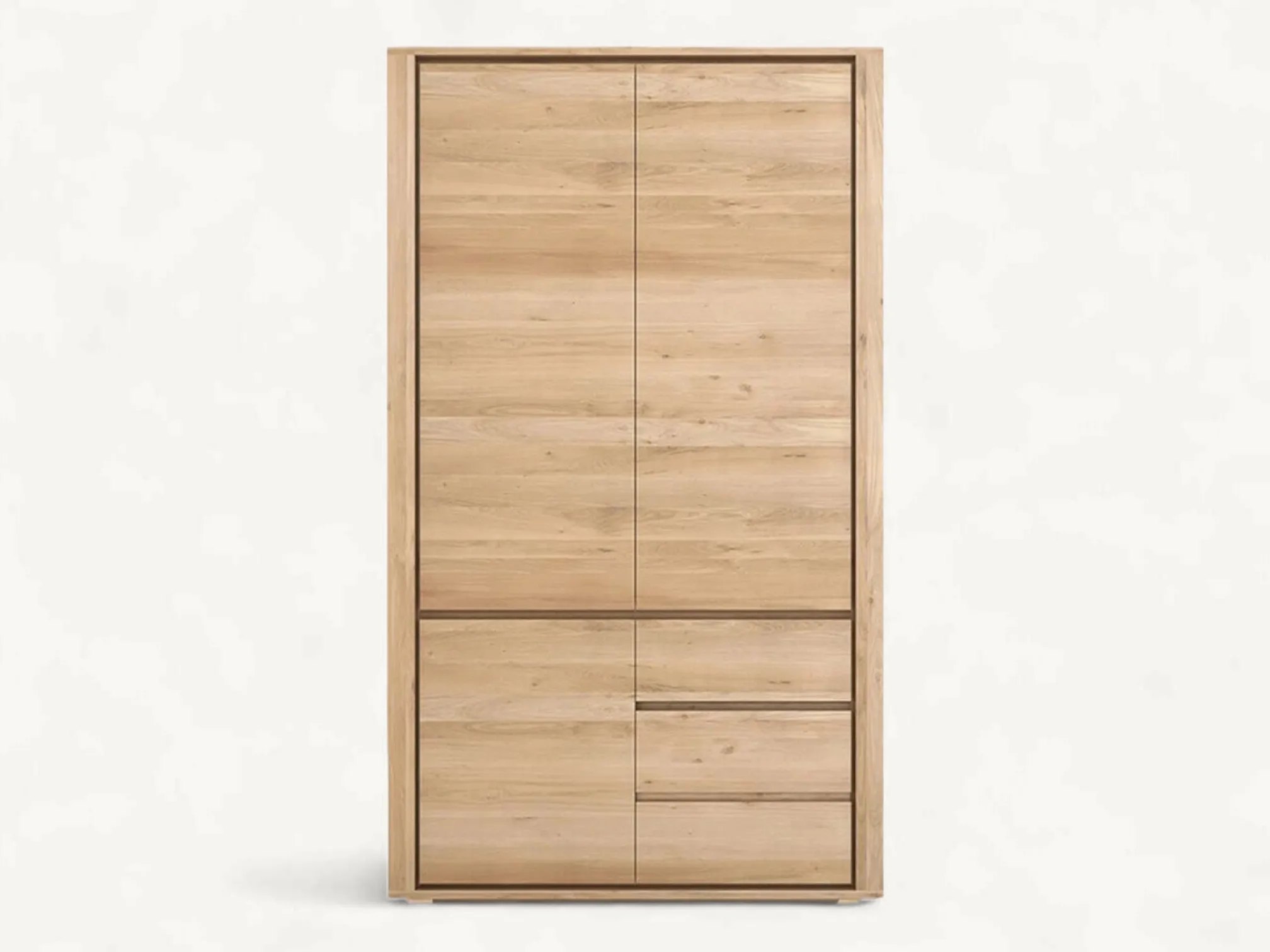 Large light-toned teak wood armoire with a clean rectangular silhouette, integrated handle-less doors, and multiple storage drawers.