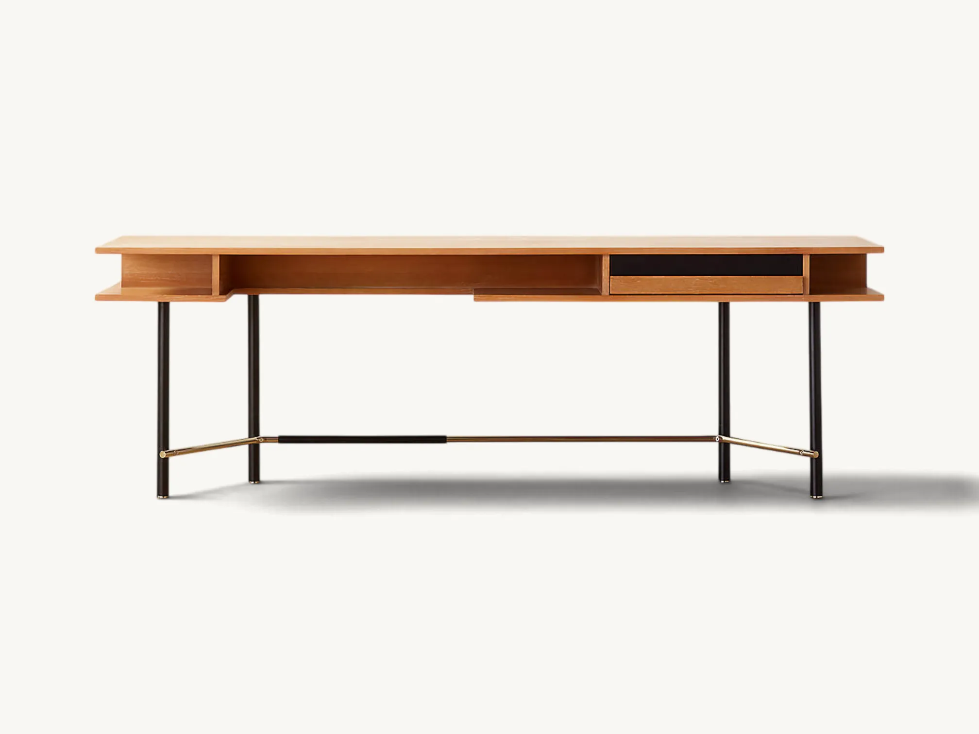 Modern mid-century natural wood writing desk with open storage shelves, a single drawer, black tubular legs, and a metallic footrest bar