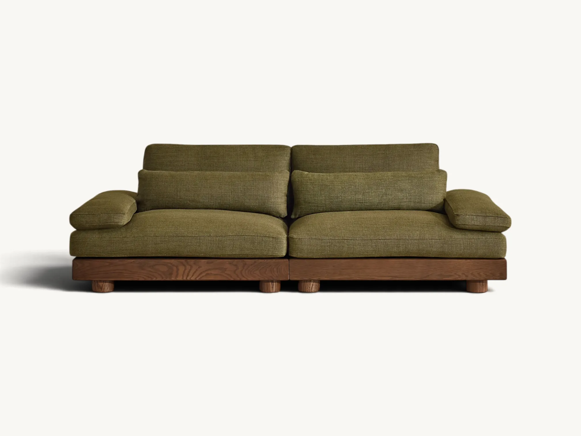 Minimalist 2-seater teak wood sofa with slim frame, tapered legs, and grey upholstery in a clean contemporary design.
