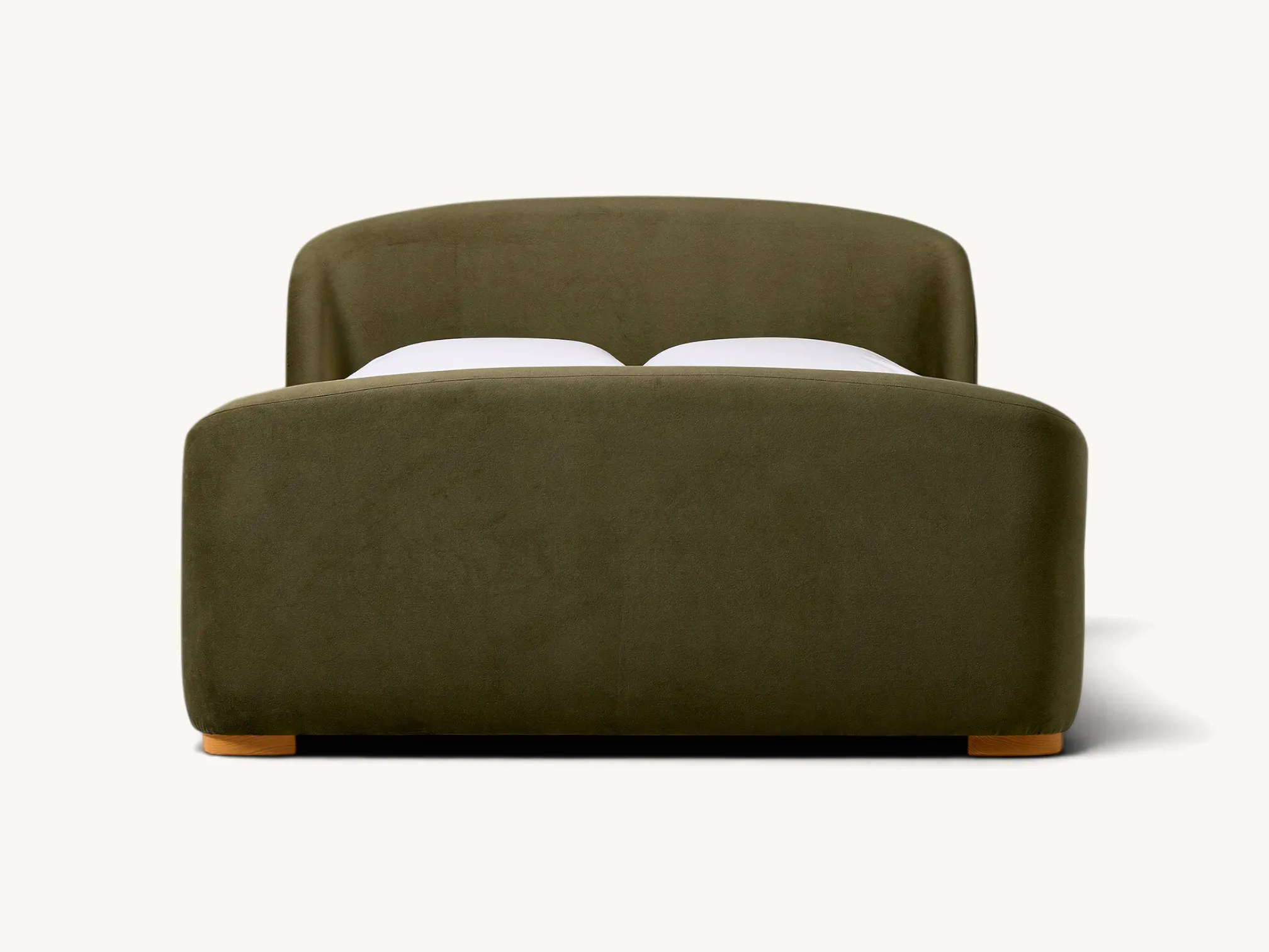 Modern olive green velvet upholstered sleigh bed with solid teak wood feet.