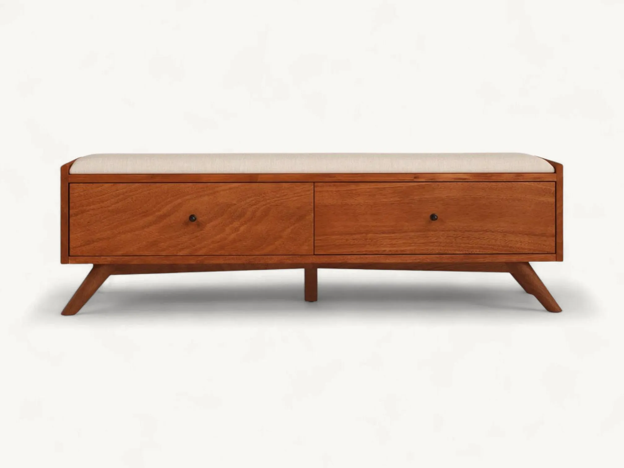 Rectangular dark grey fabric storage bench with a hinged lid and a sturdy solid teak wood base frame.