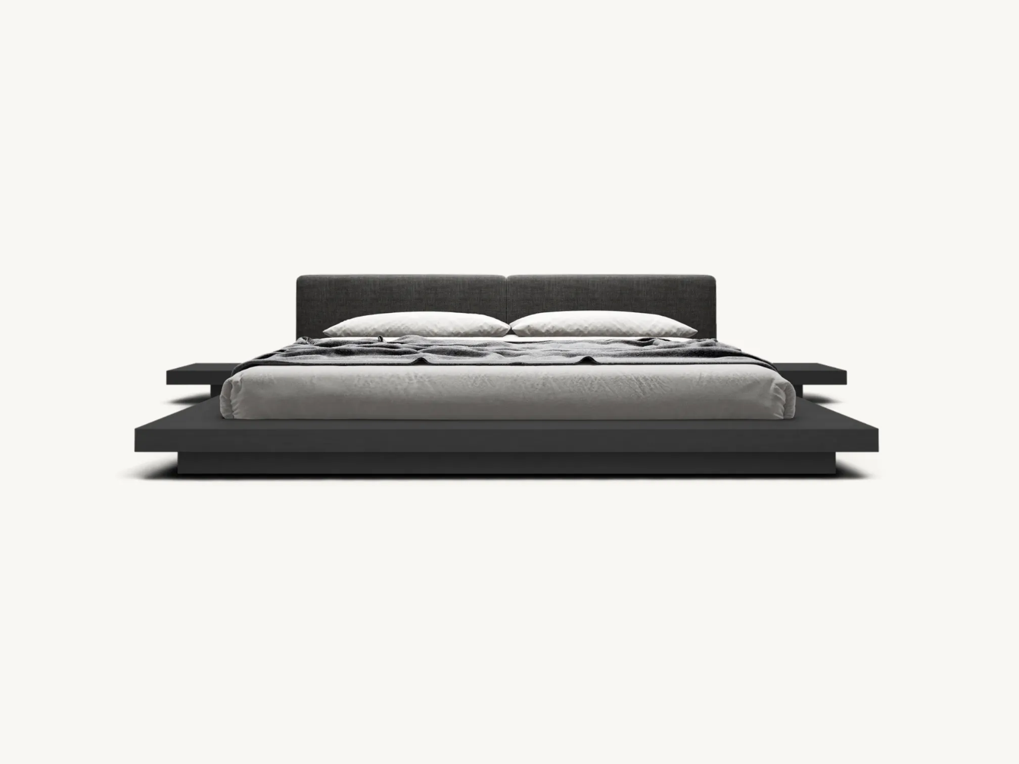 Modern Japandi teak wood platform bed with integrated side tables and dark grey upholstered headboard.